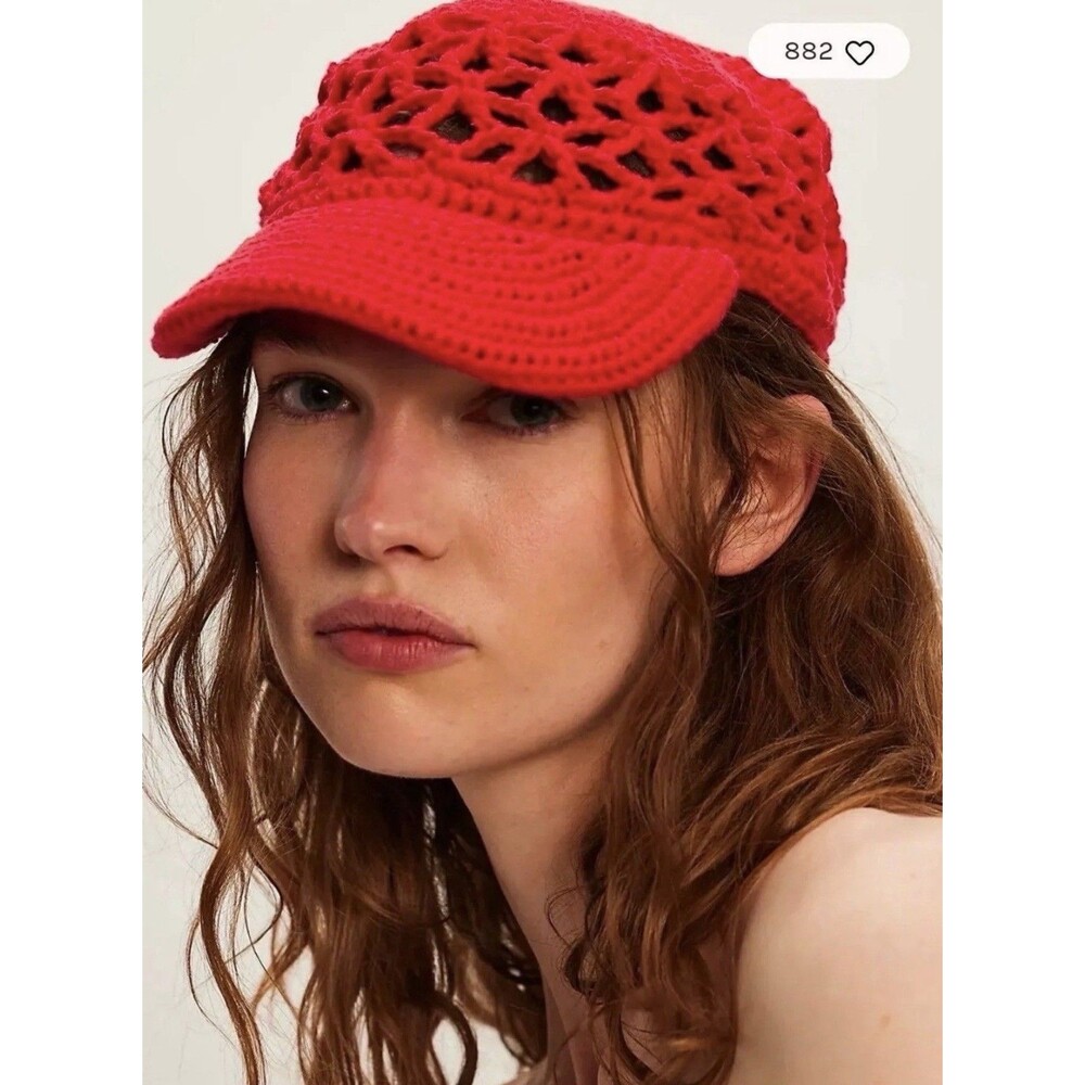 Free People Silvie Crochet Knit Red Baseball Hat Cap Cotton Women's OS NWT